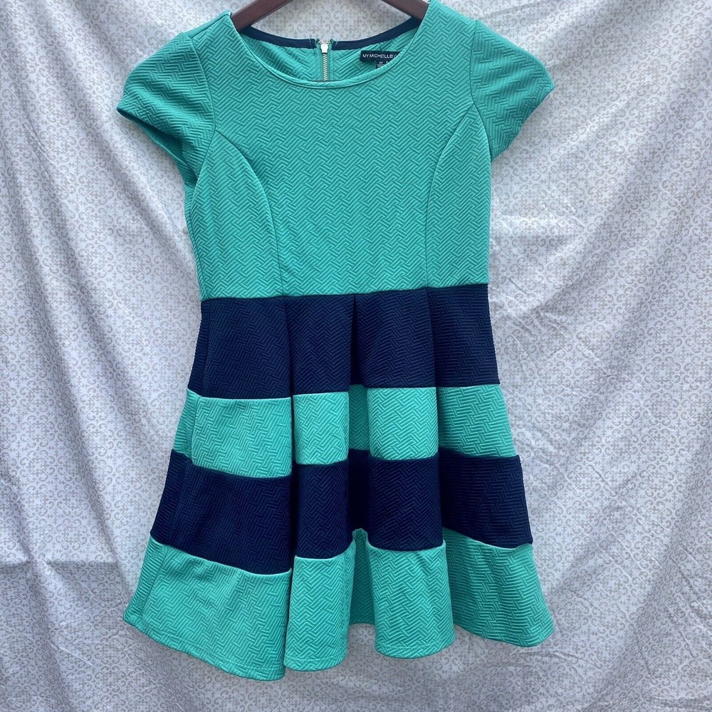 My Michelle Girls Fit & Flare Stripe Dress Short Sleeve Turquoise Navy Size 10